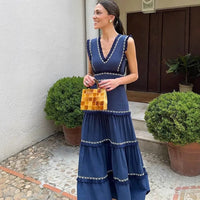 Danica | Women's Ruffle Detail V-Neck Elegant Maxi Dress in Dark Blue