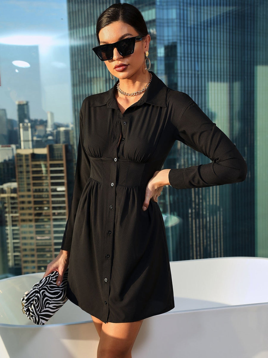 Daphnia | Women's Waist Belt Button Detail Belted Elegant Shirt Dress in Black