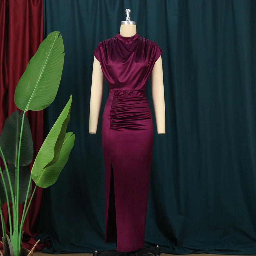 Darcey | Women's V-Neck Slit Elegant Chic Maxi Dress in Wine Red