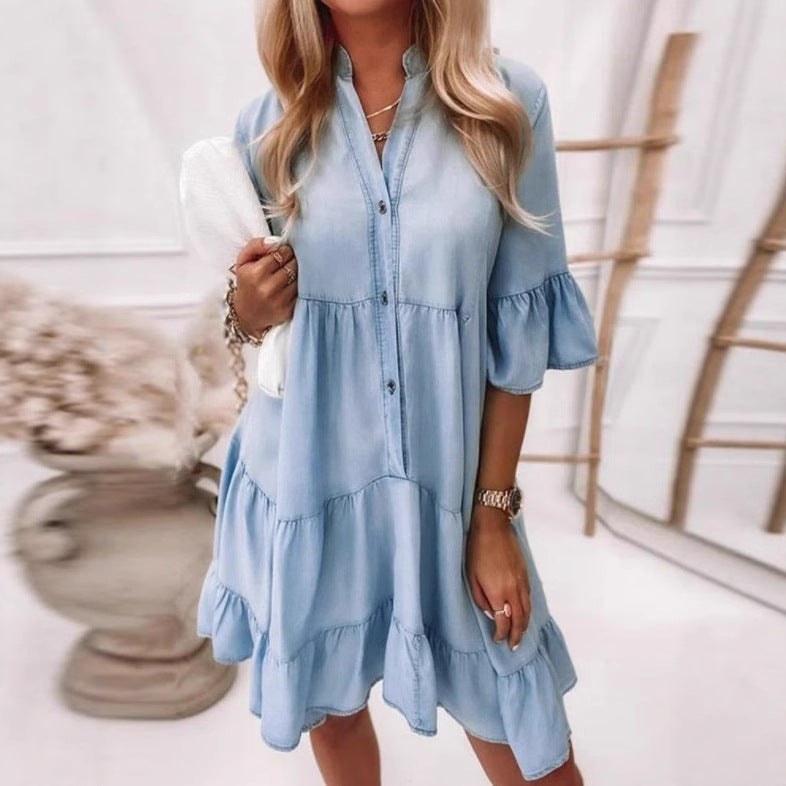 Darcy | Women's Ruffle Detail Shirt Dress in Light Blue