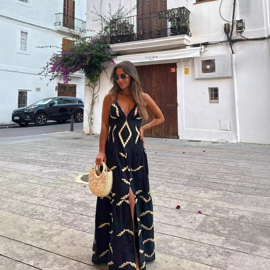 Dariela | Women's V-Neck Ruffle Elegant Maxi Dress in Black