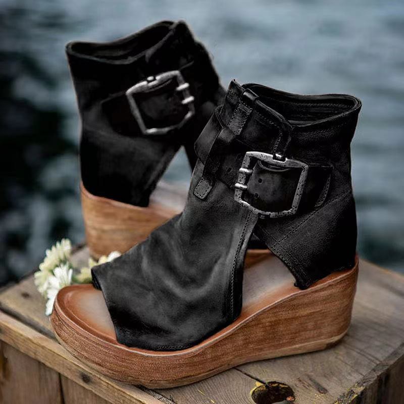 Davina | Women's Buckle Strap Wedge Style Sandals in Black