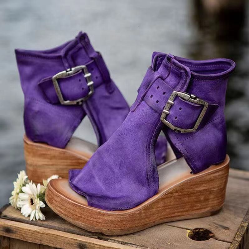 Davina | Women's Buckle Strap Wedge Style Sandals in Purple