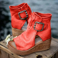 Davina | Women's Buckle Strap Wedge Style Sandals in Red