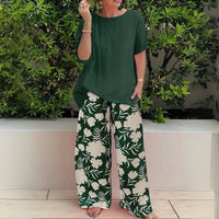 Deborah | Women's Top and Wide Leg Printed Pants Two-Piece Set in Green