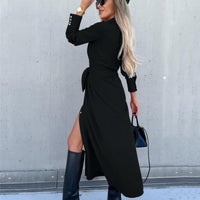 Deborina | Women's Waist Belt Slit Belted Shirt Dress in Black