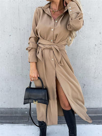 Deborina | Women's Waist Belt Slit Belted Shirt Dress in Khaki