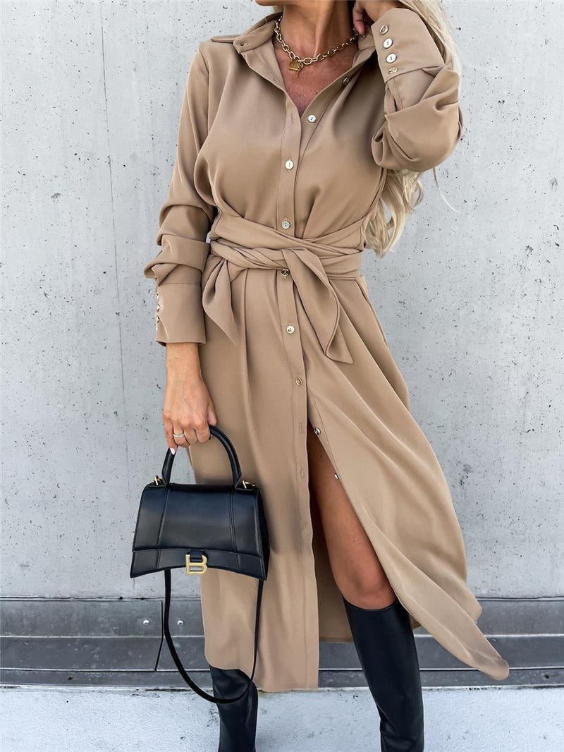 Deborina | Women's Waist Belt Slit Belted Shirt Dress in Khaki