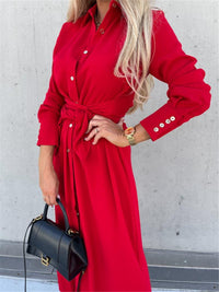 Deborina | Women's Waist Belt Slit Belted Shirt Dress in Red