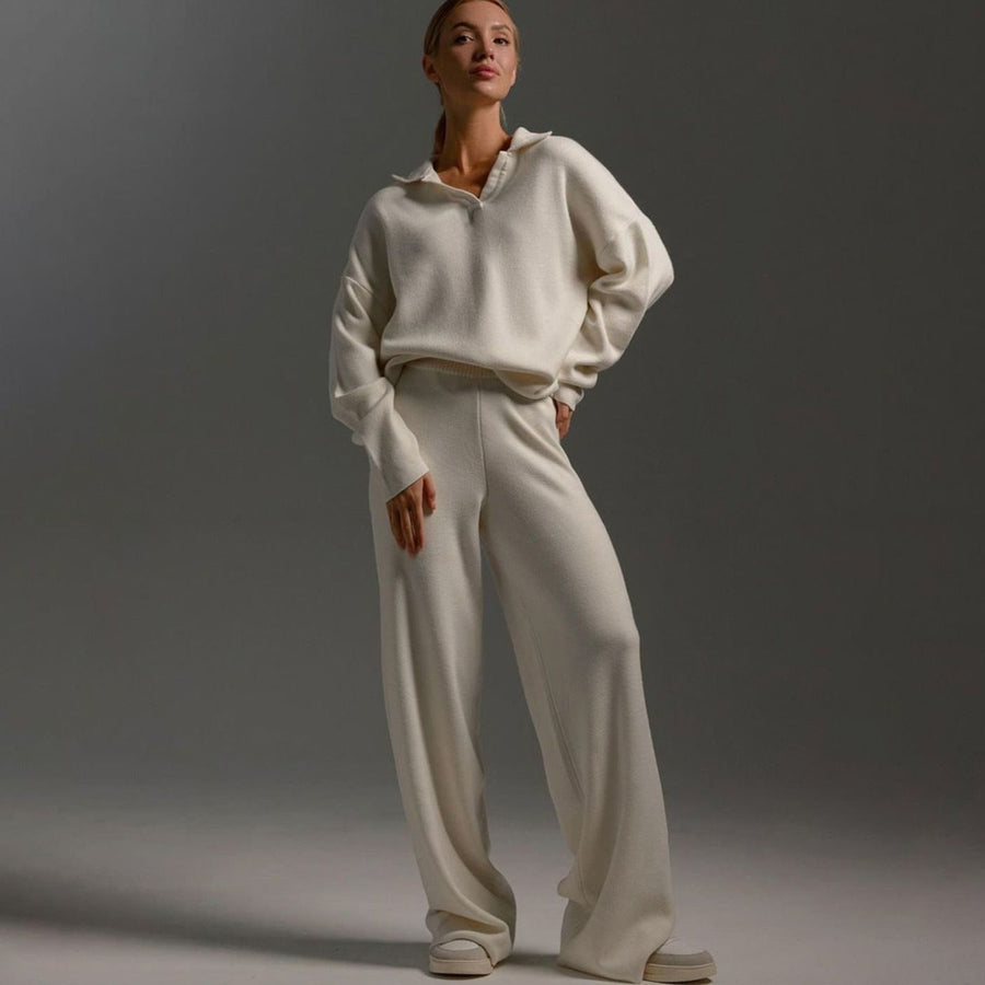 Delaney | Women's Collared Wide-Leg Relaxed Fit Two-Piece Lounge Set in Beige