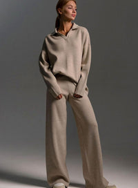 Delaney | Women's Collared Wide-Leg Relaxed Fit Two-Piece Lounge Set in Khaki