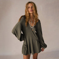 Delfina | Women's V-Neck Sleeveless Casual Wrap Dress in Khaki