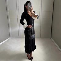 Delfina | Women's Button Detail Ruffle Elegant Maxi Dress in Black