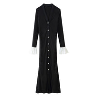 Delfina | Women's Button Detail Ruffle Elegant Maxi Dress in Black