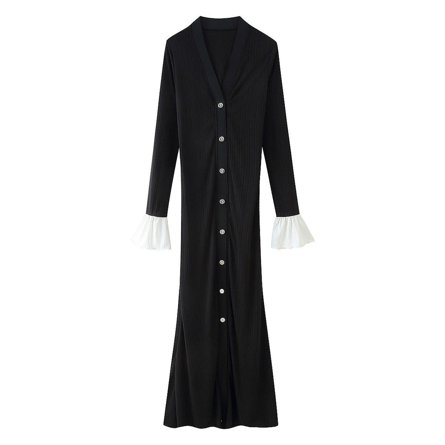 Delfina | Women's Button Detail Ruffle Elegant Maxi Dress in Black