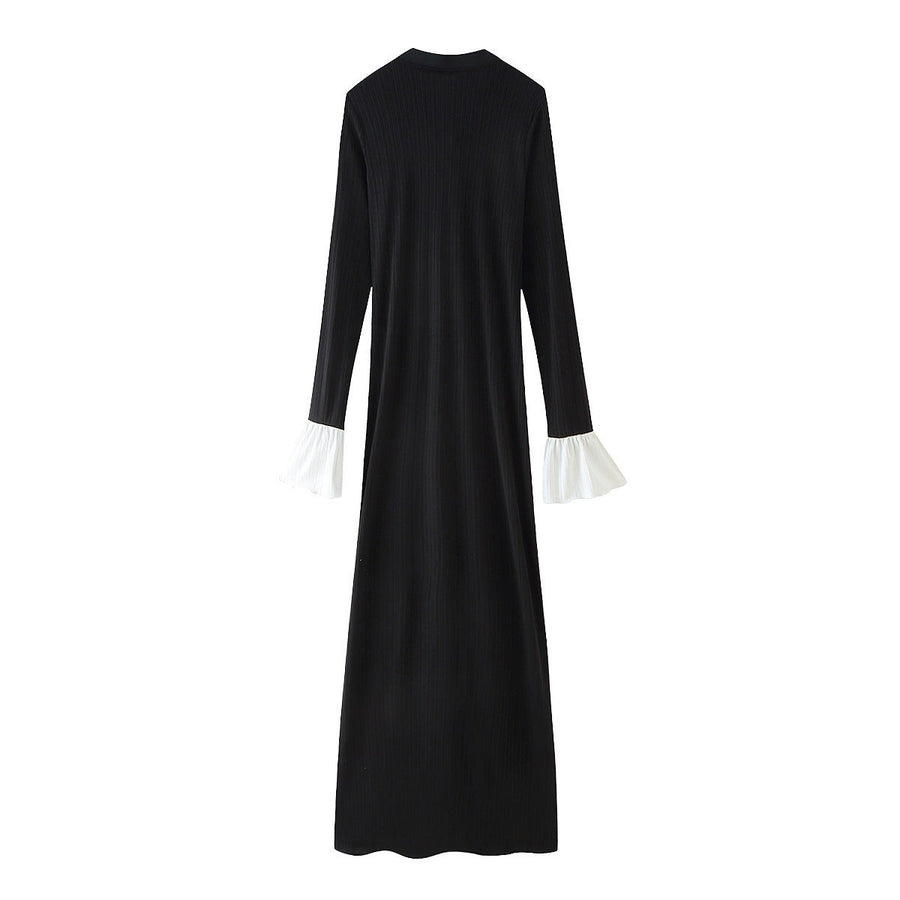 Delfina | Women's Button Detail Ruffle Elegant Maxi Dress in Black