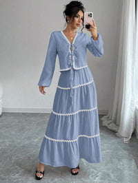 Delfina | Women's V-Neck Ruffled Two-Piece Set in Blue