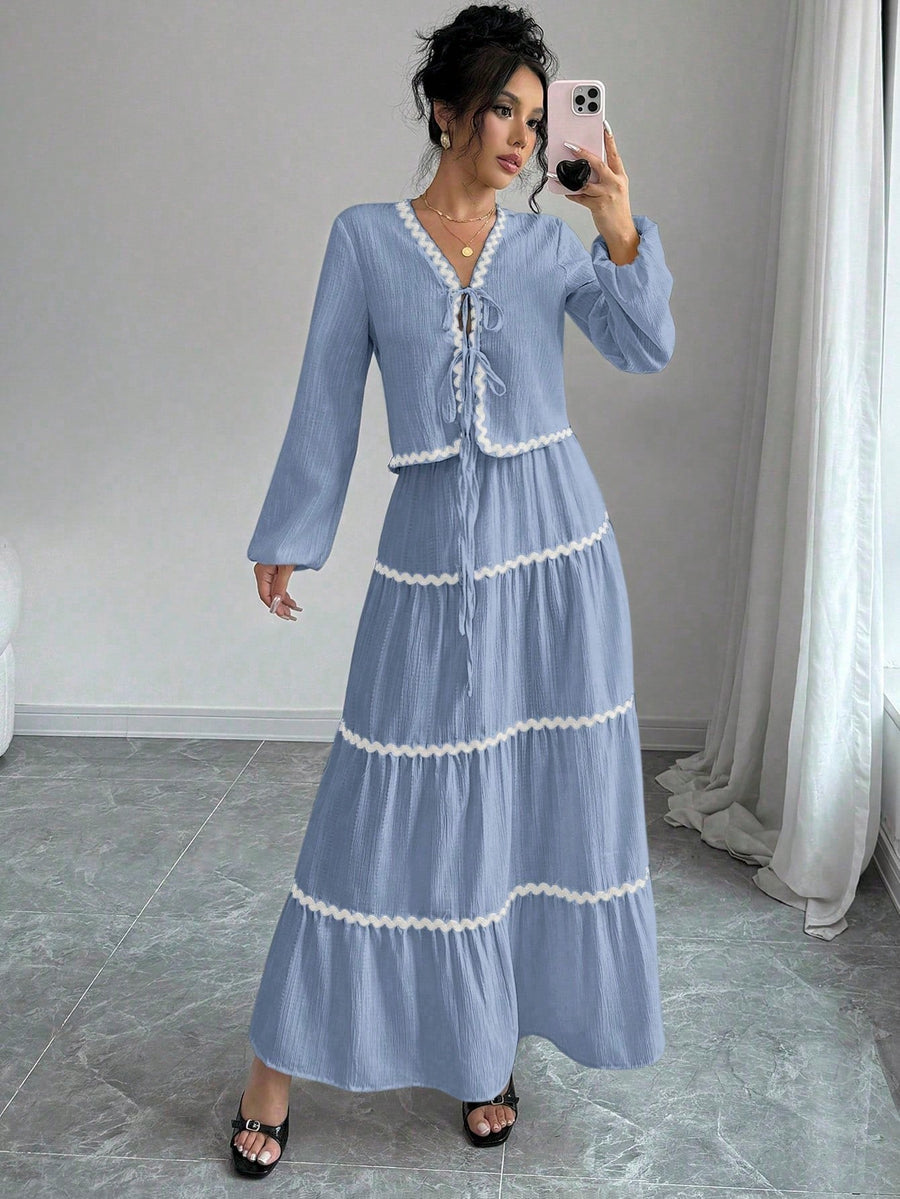 Delfina | Women's V-Neck Ruffled Two-Piece Set in Blue