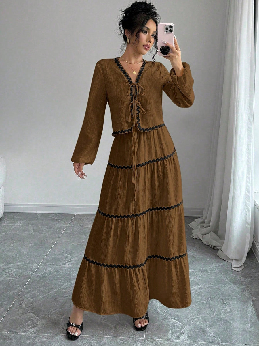 Delfina | Women's V-Neck Ruffled Two-Piece Set in Brown
