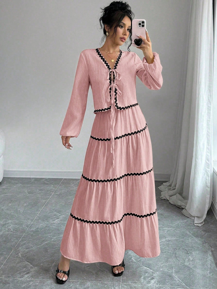 Delfina | Women's V-Neck Ruffled Two-Piece Set in Pink