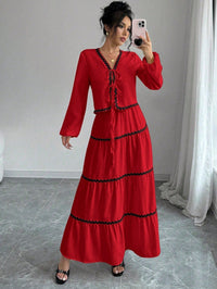 Delfina | Women's V-Neck Ruffled Two-Piece Set in Red