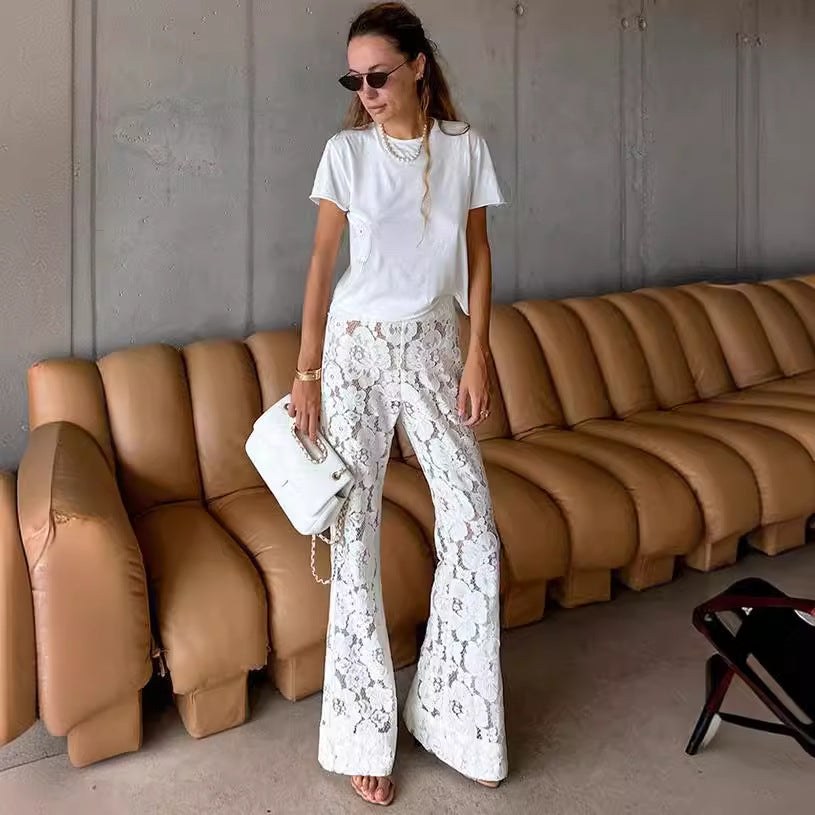 Delilah | Women's Wide Leg Lace Floral Elegant Pants in White
