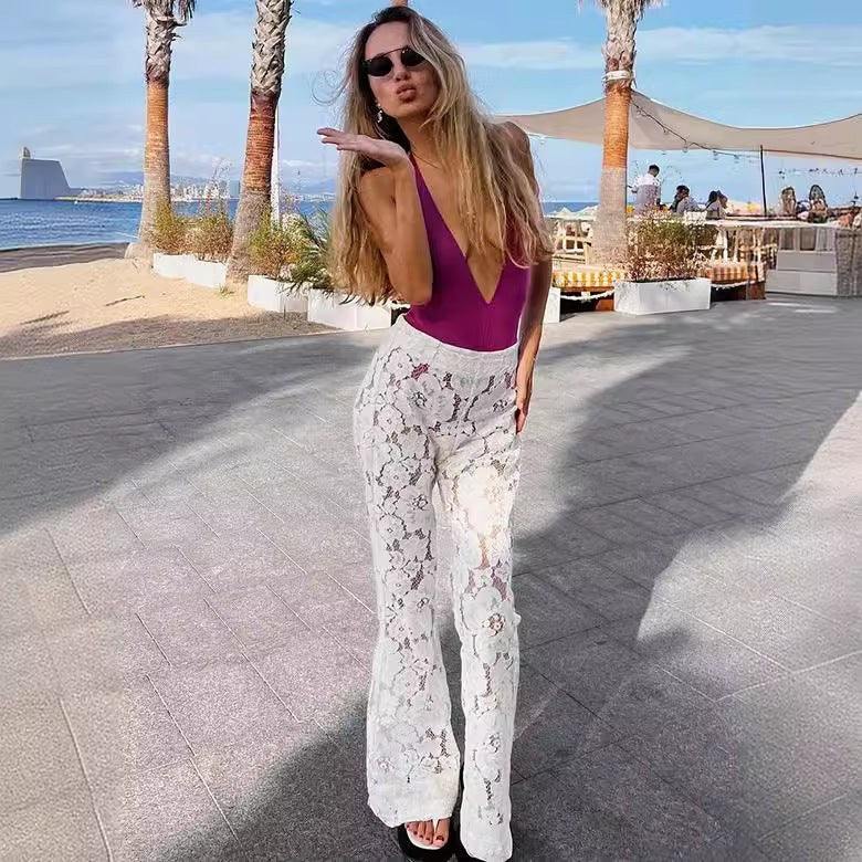 Delilah | Women's Wide Leg Lace Floral Elegant Pants in White