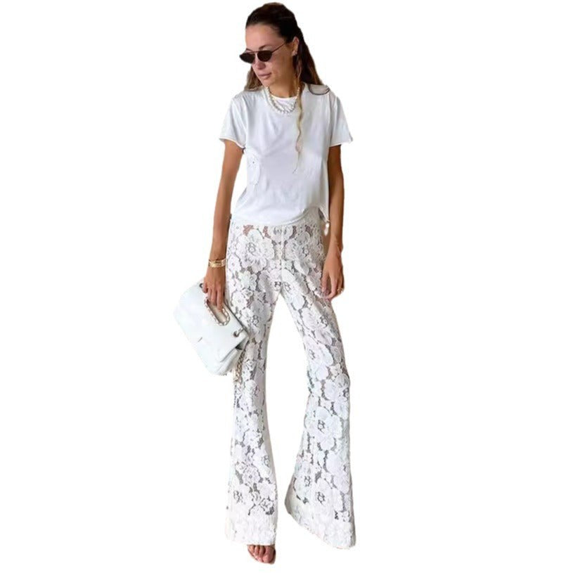 Delilah | Women's Wide Leg Lace Floral Elegant Pants in White
