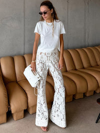 Delilah | Women's Wide Leg Lace Floral Elegant Pants in White