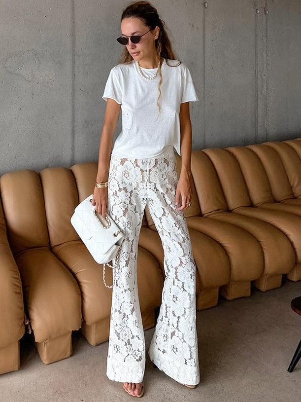 Delilah | Women's Wide Leg Lace Floral Elegant Pants in White