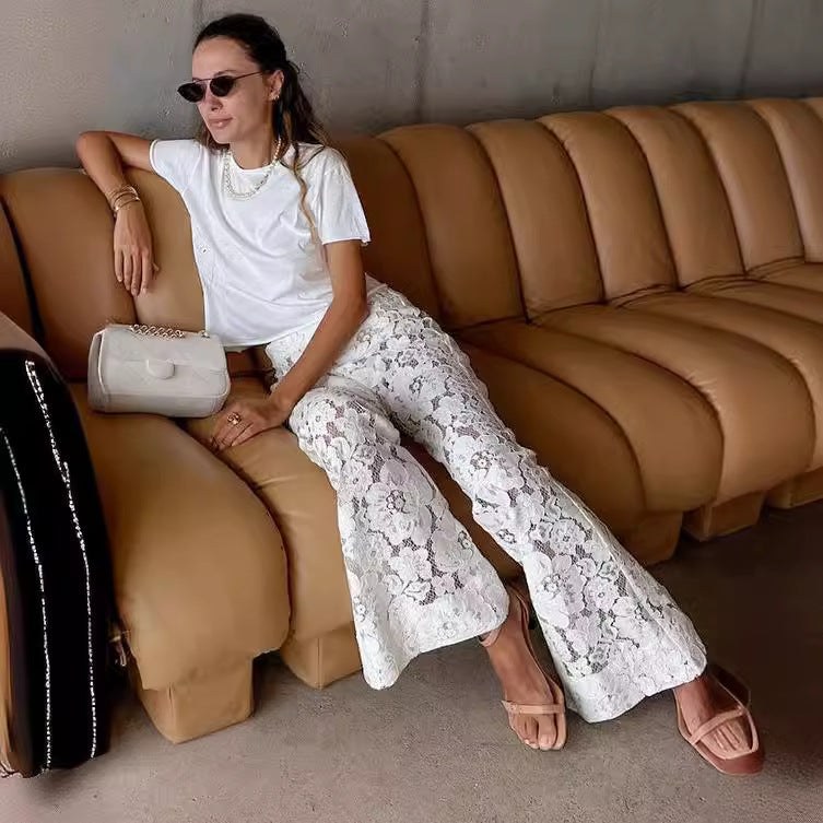 Delilah | Women's Wide Leg Lace Floral Elegant Pants in White