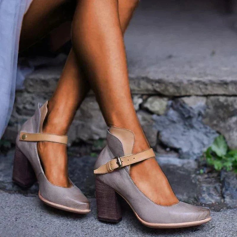 Delilah | Women's Closed Toe With Ankle Strap Block Heels in Gray