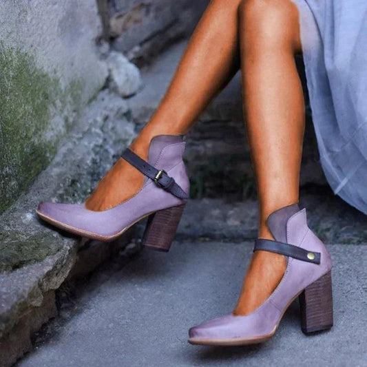 Delilah | Women's Closed Toe With Ankle Strap Block Heels in Purple