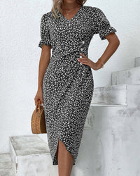 Delphina | Women's V-Neck Wrap Short Sleeve Midi Dress