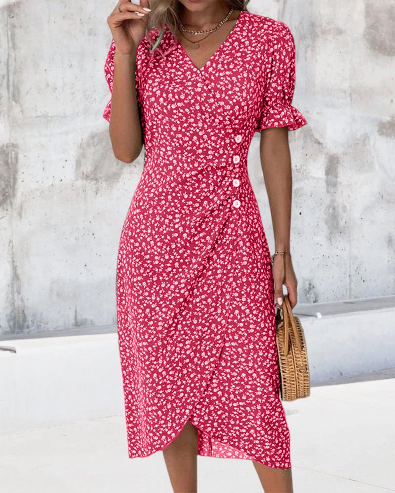 Delphina | Women's V-Neck Wrap Short Sleeve Midi Dress in Red