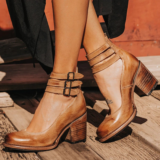 Delphine | Women's Ankle Strap Block Boot Heels in Light Brown