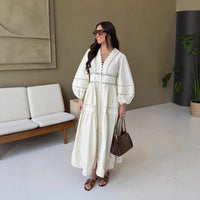 Delwyn | Women's Ruffle Detail V-Neck Elegant Maxi Dress