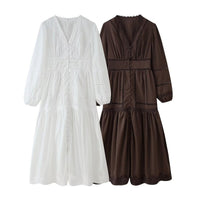 Delwyn | Women's Ruffle Detail V-Neck Elegant Maxi Dress