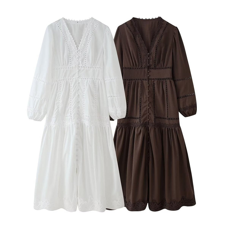 Delwyn | Women's Ruffle Detail V-Neck Elegant Maxi Dress