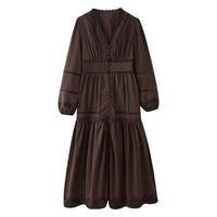Delwyn | Women's Ruffle Detail V-Neck Elegant Maxi Dress in Brown