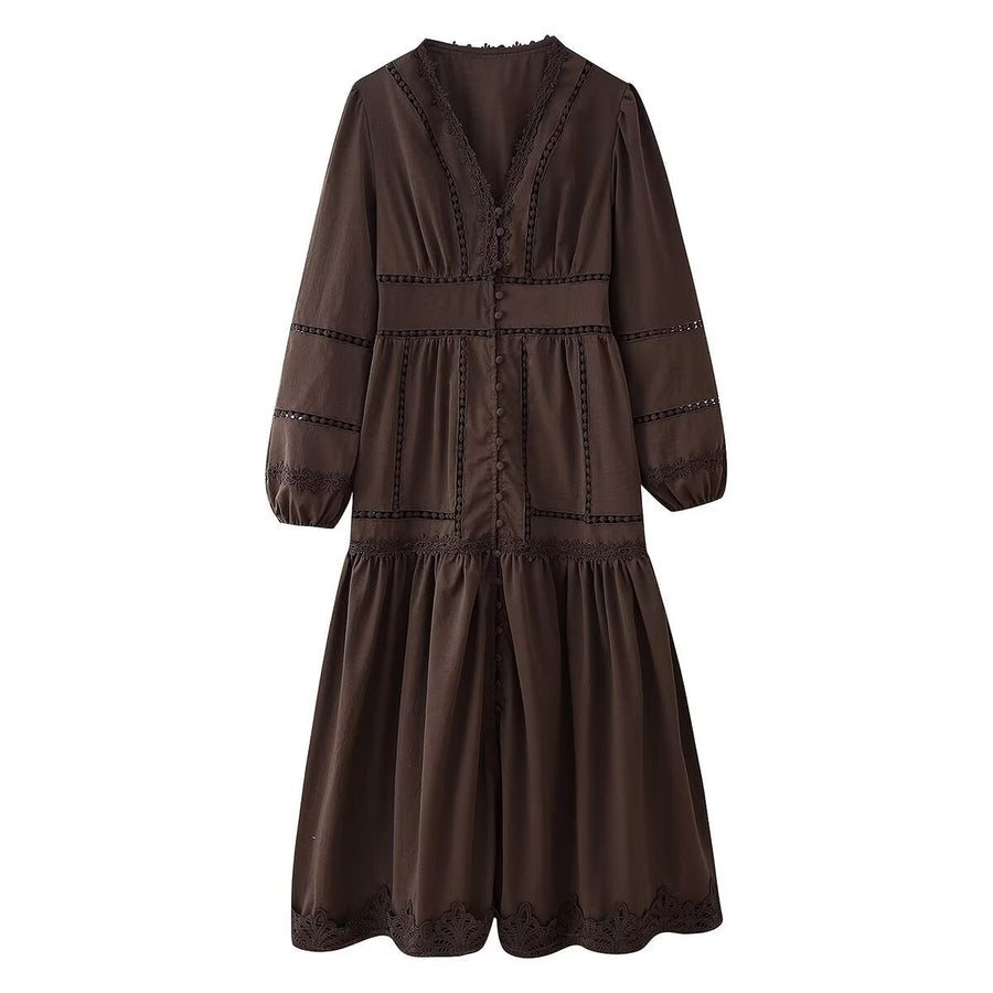 Delwyn | Women's Ruffle Detail V-Neck Elegant Maxi Dress in Brown
