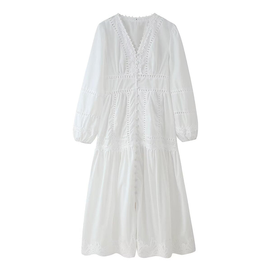 Delwyn | Women's Ruffle Detail V-Neck Elegant Maxi Dress in White