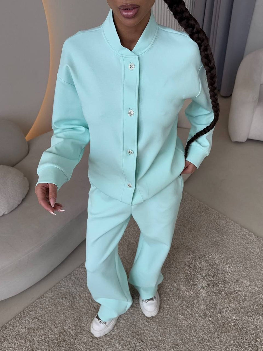 Demelza | Women's Button-Front Elegant Two-Piece Set in Cyan