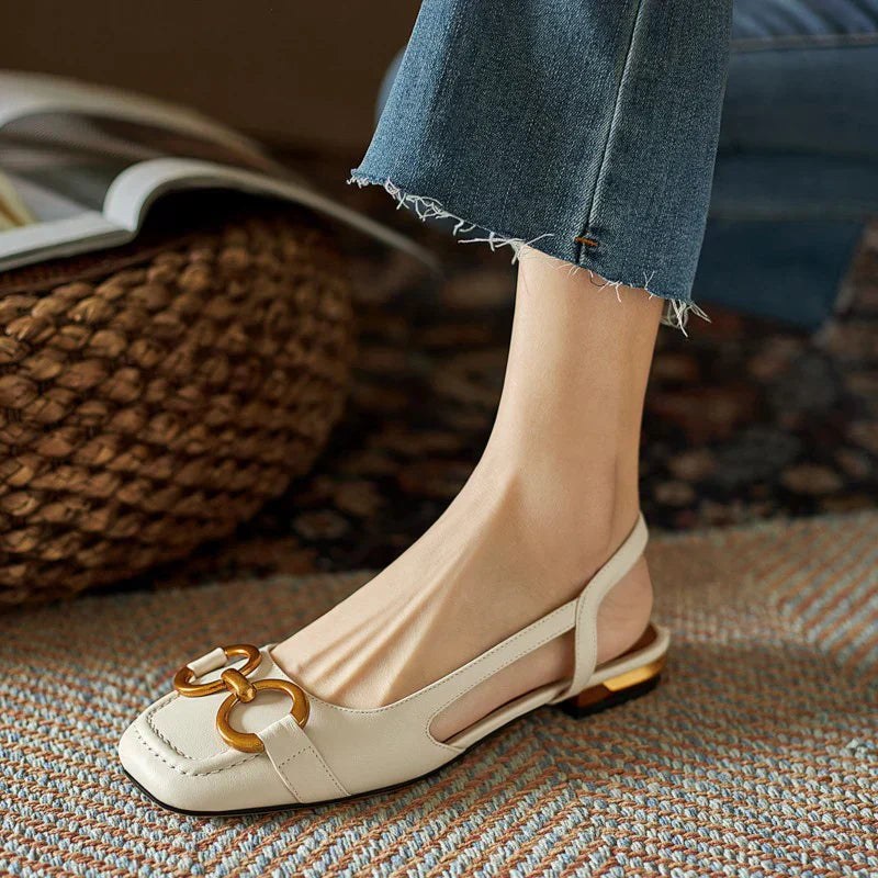 Denise | Women's Slingback Square Toe Detail Flats in Beige