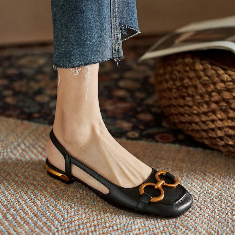 Denise | Women's Slingback Square Toe Detail Flats in Black