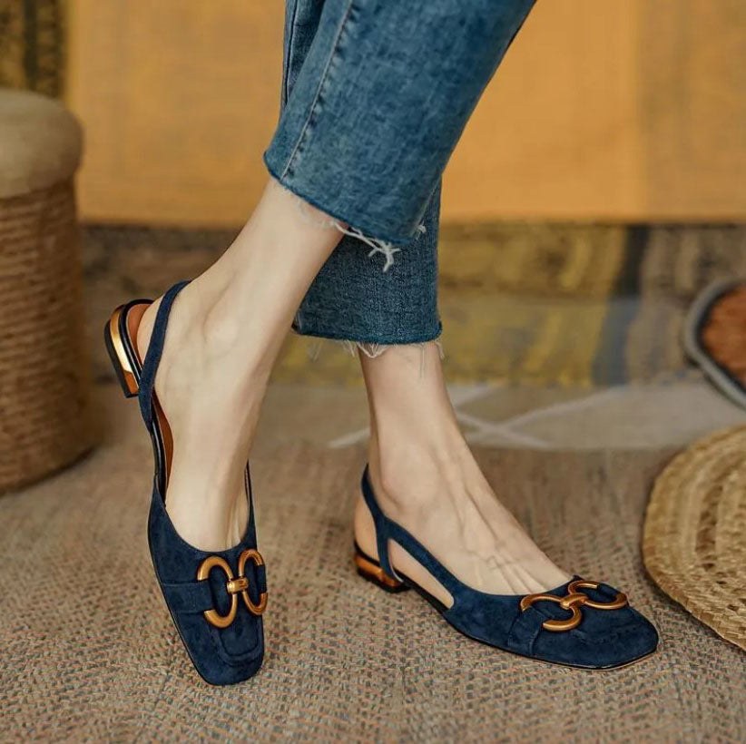 Denise | Women's Slingback Square Toe Detail Flats in Dark Blue