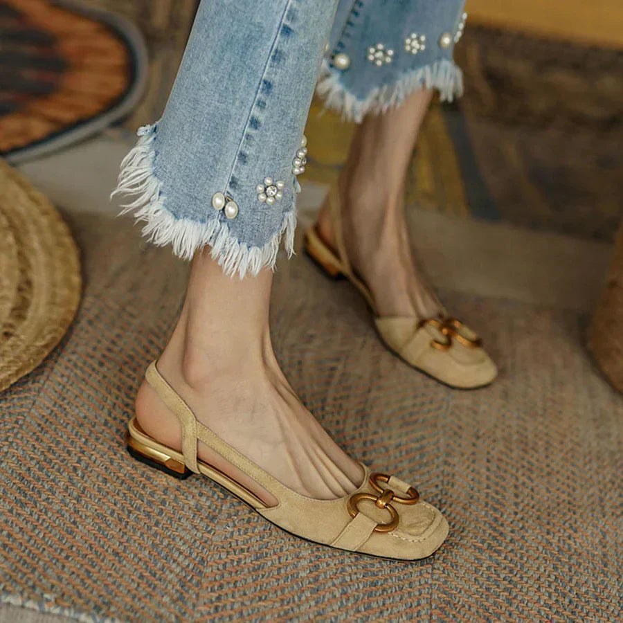 Denise | Women's Slingback Square Toe Detail Flats in Khaki