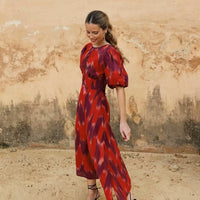 Deodata | Women's Puff Sleeve Ruched Elegant Modern Maxi Dress