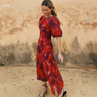 Deodata | Women's Puff Sleeve Ruched Elegant Modern Maxi Dress