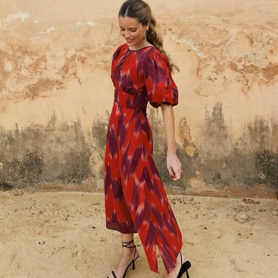 Deodata | Women's Puff Sleeve Ruched Elegant Modern Maxi Dress